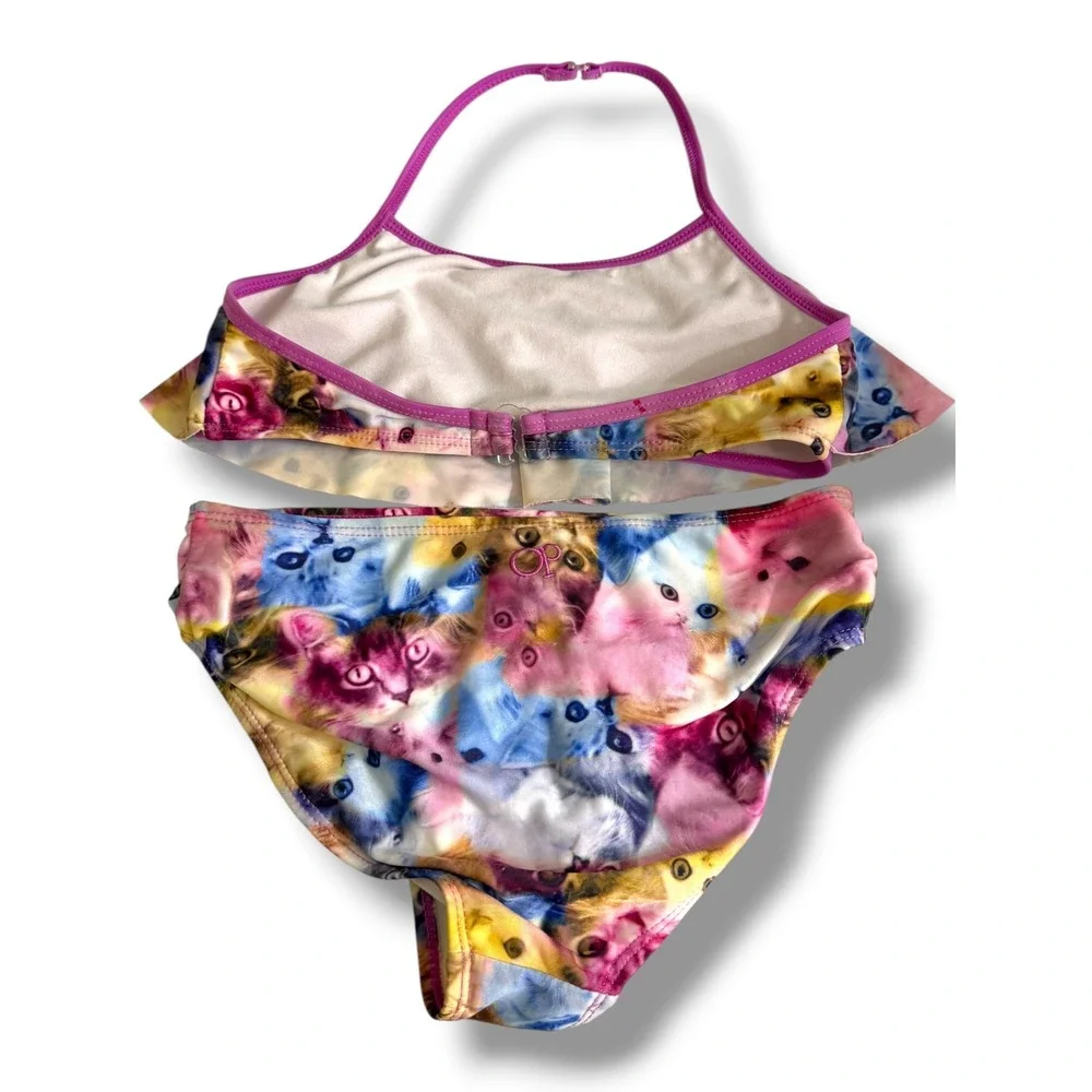 OP Ocean Pacific Girls Cat‎ Print Ruffle Halter Bikini Set Multicolor Size M 7-8